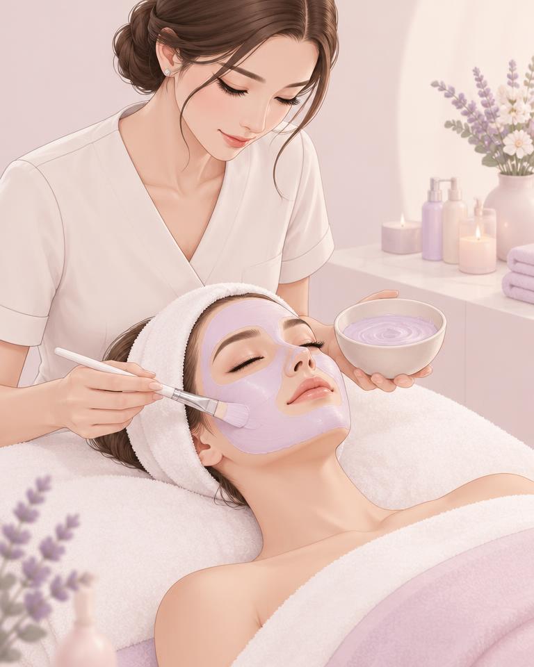 Estetista che applica una maschera viso a una cliente rilassata